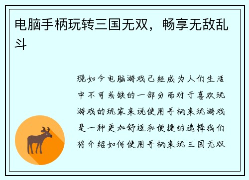电脑手柄玩转三国无双，畅享无敌乱斗