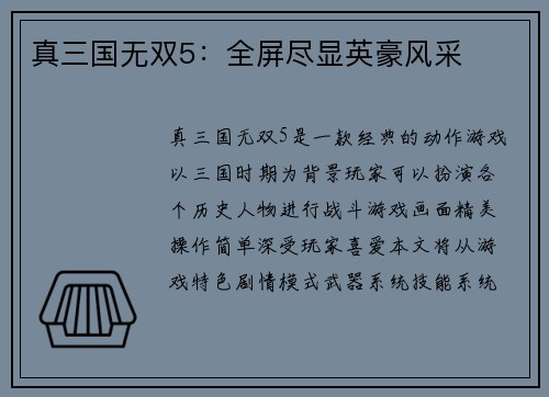 真三国无双5：全屏尽显英豪风采